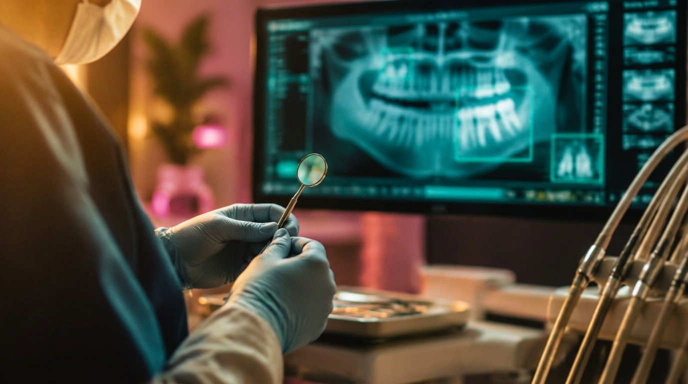 Dentista revisando una radiografía analizada por IA